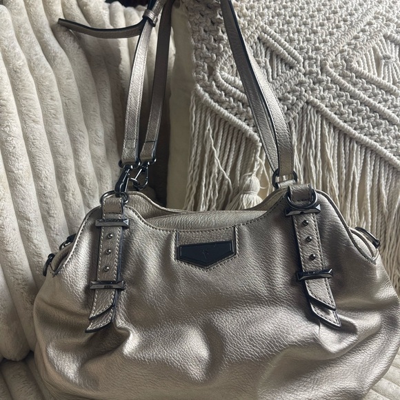 Vera Wang Buena Satchel Handbag Metallic Gray Pewter Studs Vintage Boho Shoulder - Picture 5 of 11